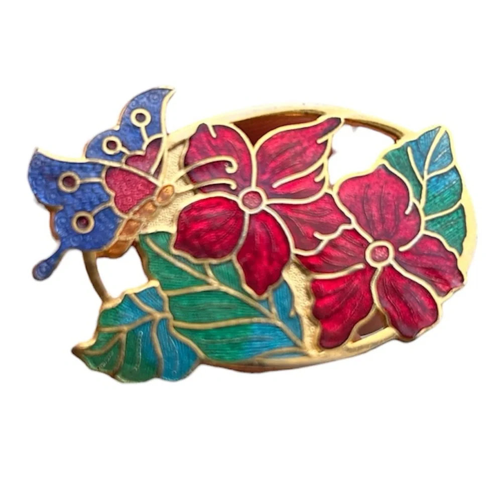 Butterfly Brooch with flowers Design Cloisinne